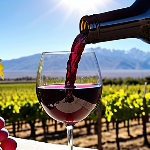 Home 11 **
Vivid, deep purple Malbec wine pouring into a glass, set against a backdrop of high-altitude Mendoza vineyards under a bright sun. Focus on the intense color and sun-drenched grapes.
**