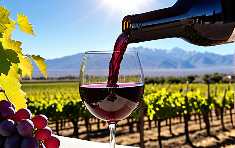**
Vivid, deep purple Malbec wine pouring into a glass, set against a backdrop of high-altitude Mendoza vineyards under a bright sun. Focus on the intense color and sun-drenched grapes.
**