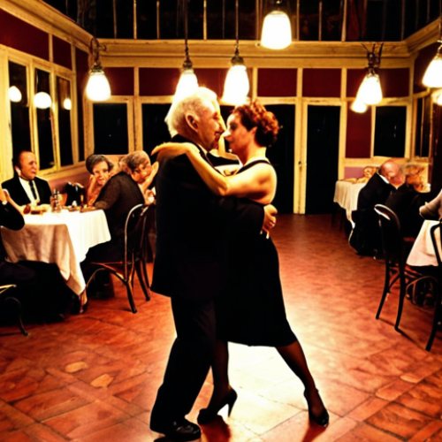 Home 6 **
A dimly lit tango salon in the San Telmo district of Buenos Aires. An older couple dances a passionate tango, bathed in the warm glow of vintage lamps. Other couples are seated at tables surrounding the dance floor, sipping wine and watching intently. In the background, a live tango band plays with intense emotion. The atmosphere is intimate and nostalgic.
**