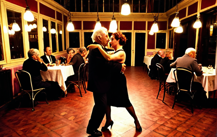 **
A dimly lit tango salon in the San Telmo district of Buenos Aires. An older couple dances a passionate tango, bathed in the warm glow of vintage lamps. Other couples are seated at tables surrounding the dance floor, sipping wine and watching intently. In the background, a live tango band plays with intense emotion. The atmosphere is intimate and nostalgic.
**
